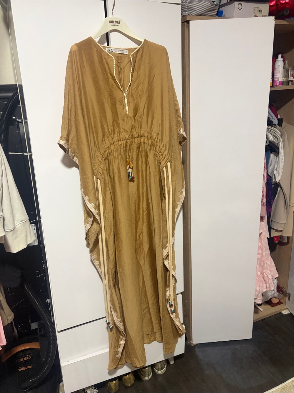 Boho Drawstring Maxi Dress in Mustard with Trim